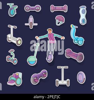 Self balancing scooter icons set stikers collection vector with shadow on purple background Stock Vector