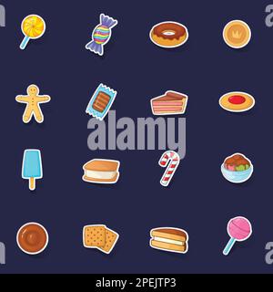 Different candy icons set stikers collection vector with shadow on purple background Stock Vector