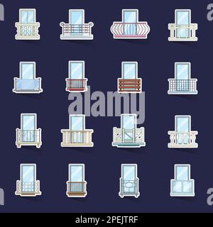 Balcony window forms icons set stikers collection vector with shadow on purple background Stock Vector