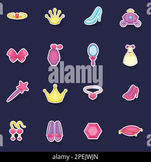 Princess doll icons set stikers collection vector with shadow on purple background Stock Vector