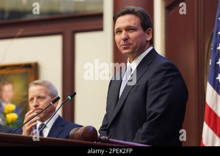 Florida Governor Ron DeSantis at Florida's State of the State address on March 7, 2023, at the Florida State Capitol in Tallahassee. (USA) Stock Photo