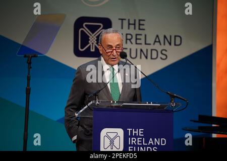 Majority Leader of the US Senate Chuck Schumer speaking at the Ireland Funds 31st National Gala at the National Building Museum, in Washington, DC, during the Taoiseach's visit to the US for St Patrick's Day. Picture date: Wednesday March 15, 2023. Stock Photo