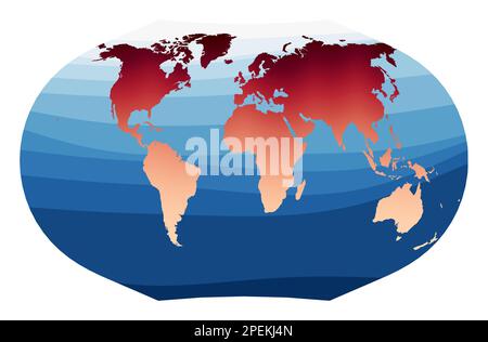 World Map Vector. Ginzburg V projection. World in red-orange gradient on deep blue ocean waves. Modern vector illustration. Stock Vector