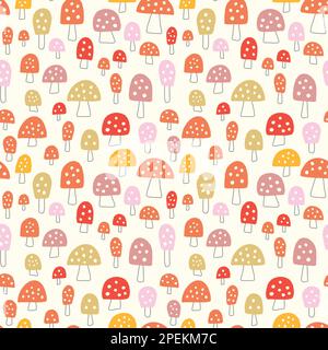 Mushroom background pattern. Fall vector seamless repeat of bright colourful spotted hand drawn textured mushrooms.  Stock Vector
