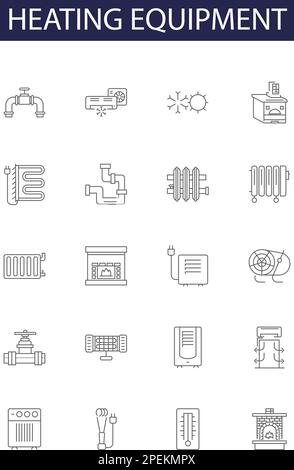 Heating equipment line vector icons and signs. Radiator, Boiler, Heat Pump, Thermostat, Humidifier, Air Conditioner, Space Heater, Fireplace outline Stock Vector