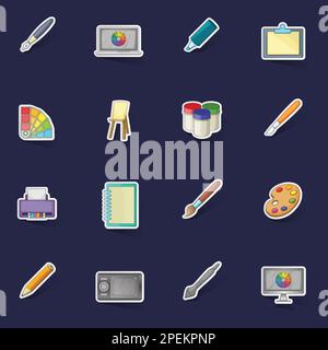 Drawing and painting tools icons set stikers collection vector with shadow on purple background Stock Vector