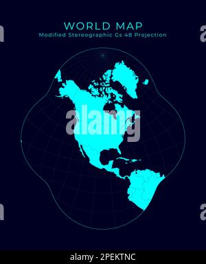 Map of The World. Modified stereographic projection for the conterminous United States. Futuristic Infographic world illustration. Bright cyan colors Stock Vector