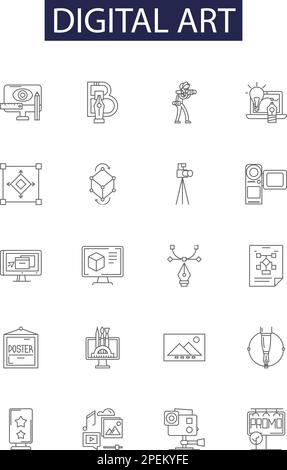 Digital art line vector icons and signs. Art, Computer, Creation, Painting, Drawing, Illustration, Image, Performance outline vector illustration set Stock Vector