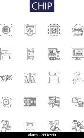 Chip line vector icons and signs. Chips, Computer, Circuit, Silicon, Card, Credit, Security, Processor outline vector illustration set Stock Vector