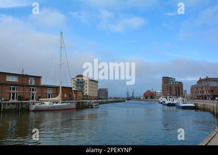 Ships in the harbor in the historic Hanseatic city of Wismar, on the Baltic Sea coast of Mecklenburg-West Pomerania in Germany Stock Photo