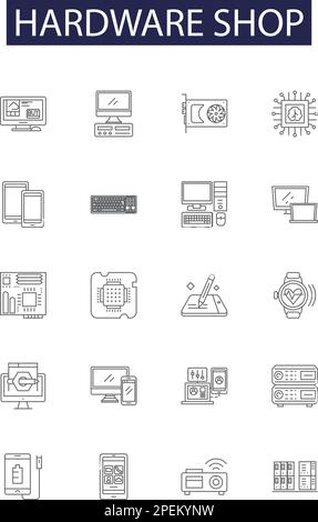Hardware shop line vector icons and signs. Shop, Supplies, Tools, Building, Nuts, Bolts, Washers, Screws outline vector illustration set Stock Vector