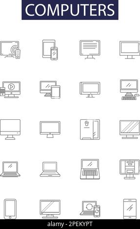 Computers line vector icons and signs. Software, Networking, CPU, Monitor, Keyboard, Mouse, Printer, Storage outline vector illustration set Stock Vector