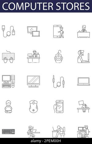 Computer stores line vector icons and signs. Stores, IT, Electronics, Warehouse, Retailer, PC, Desktops, Laptops outline vector illustration set Stock Vector