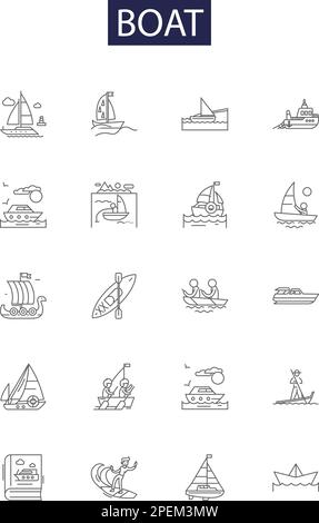 Boat line vector icons and signs. craft, vessel, dinghy, canoe, kayak, schooner, raft, sailboat outline vector illustration set Stock Vector