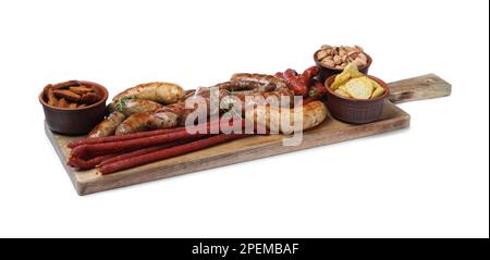Set of different tasty snacks isolated on white Stock Photo