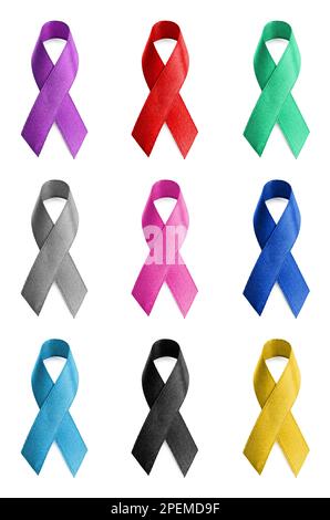 Set with different color ribbons on white background. World Cancer Day Stock Photo