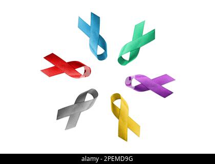 Set with different color ribbons on white background, top view. World Cancer Day Stock Photo