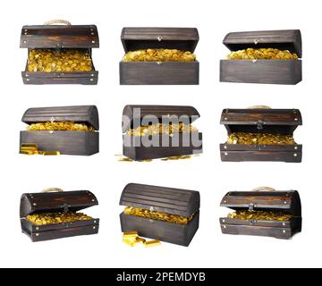 Set with treasure chests full of gold coins on white background Stock Photo
