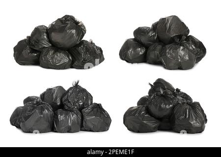 Set with trash bags filled with garbage on white background Stock Photo