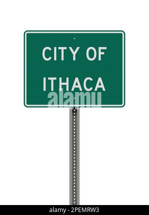 Vector illustration of the Ithaca City (New York) green road sign on metallic post Stock Vector