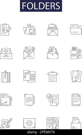 Folders line vector icons and signs. Directories, Containers, Dividers, Binders, Fileboxes, Envelopes, Compartments, Shelves outline vector Stock Vector