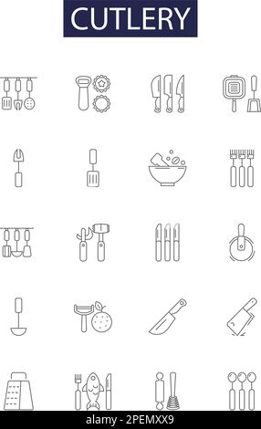 Cutlery line vector icons and signs. Forks, Spoons, Chopping, Spatula, Skewers, Ladle, Tongs, Carving outline vector illustration set Stock Vector