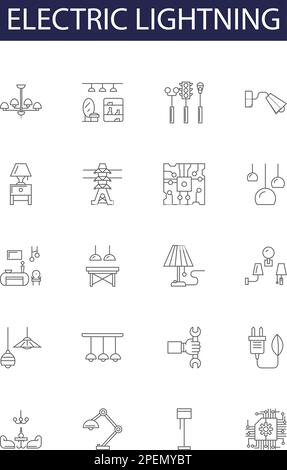 Electric lightning line vector icons and signs. Lightning, Bolt, Shock, Surge, Zap, Current, Voltage, Power outline vector illustration set Stock Vector