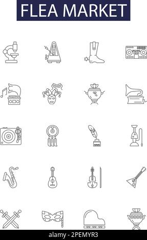 Flea market line vector icons and signs. Market, Shopping, Marketplace, Bargains, Deals, Sellers, Goods, Buyers outline vector illustration set Stock Vector