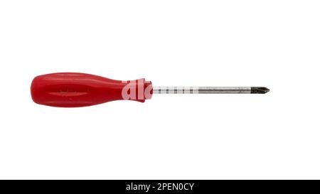 Used screwdriver with red handle and magnetic tip isolated on white background Stock Photo