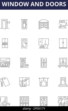 Window and doors line vector icons and signs. Doors, Frames, Sills, Openings, Panes, Mullions, Ventilation, Security outline vector illustration set Stock Vector