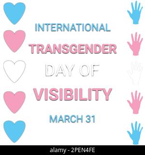 International Transgender Day of Visibility illustration. Transgender flag in hearts and hands shape icon. Transgender Day of Visibility Poster, March Stock Vector
