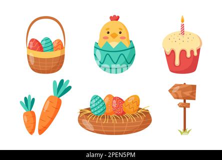 Happy Easter design element with basket of eggs, hatched baby chicken, cake, carrot and direction sign. Festival and cultural holiday concept. Stock Photo