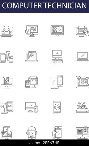 Computer technician line vector icons and signs. technician, repair, IT, support, hardware, software, diagnostics, networks outline vector Stock Vector