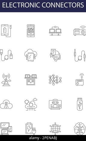 Electronic connectors line vector icons and signs. Pins, Sockets, Plugs, Jacks, SMA, Connectors, Coaxial, SMB outline vector illustration set Stock Vector