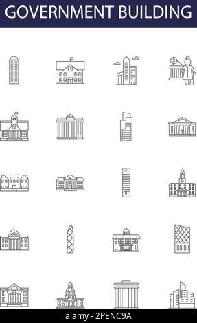 Government building line vector icons and signs. Building, Capitol, Townhall, Courthouse, Ministry, Embassy, Consulate, Manor outline vector Stock Vector