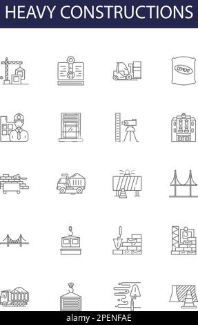 Heavy constructions line vector icons and signs. Heavy, Buildings, Bridges, Structures, Roads, Cranes, Vehicles, Equipment outline vector illustration Stock Vector