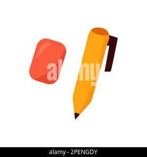 Pen and eraser colorful illustration set. Pencil school study items set. Stock Vector
