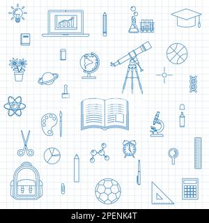 School elements line art on grid paper Stock Vector