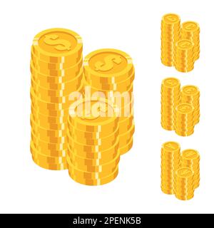 Set of isometric gold coins stack with world major currencies sign in flat style Stock Vector