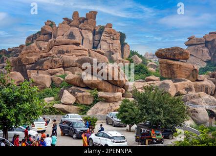 Boulder strewn landscape of Hampi which is a UNESCO Heritage Site. Hampi was the capital of the Vijayanagar Empire. Stock Photo