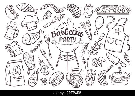 Barbecue party background with meat, burgers, sausages and barbecue utensils. Collection of 35 bbq doodle elements isolated on white. Hand-drawn vecto Stock Photo