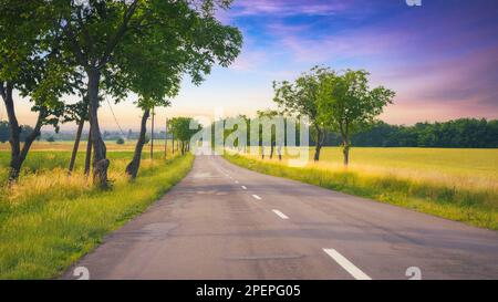 as the sun sets, the road leads through a beautiful countryside. journey continues promising a beautiful scene at every turn Stock Photo