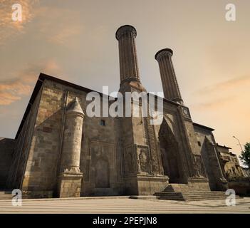 Turkey travel destinations. Twin Minaret Madrasa (Turkish: Çifte Minareli Medrese). Islamic ancient building Stock Photo