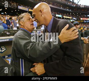 Retired Seattle Mariners outfielder Jay Buhner wipes his eyes as he  comments how it will be hard to get through his speech during his induction  into the Mariners Hall of Fame before