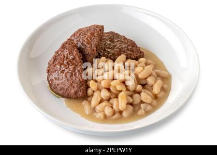 Roast beef burger with cannellini bean soup on a white plate, isolated on white, clipping path included Stock Photo