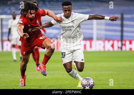 Trent Alexander-Arnold of Liverpool FC and Vinicius Junior of Real Madrid during the UEFA Champions League, Round of 16, 2nd leg football match between Real Madrid CF and Liverpool FC on March 15, 2023 at Santiago Bernabeu stadium in Madrid, Spain - Photo: Irina R Hipolito/DPPI/LiveMedia Stock Photo