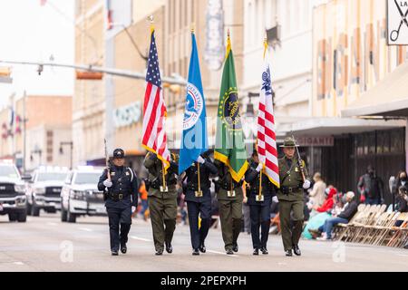Brownsville, Texas, USA - February 26, 2022: Charro Days Grand International Parade, Members of the police department and border patrol escorting the Stock Photo