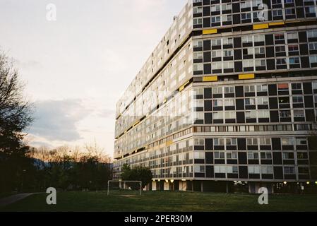 A 1960's high-rise building featuring multiple stories and large windows, with balconies. Was the longest building in Europe for decades Stock Photo