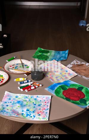 photo drawing at home with paints on the table Stock Photo