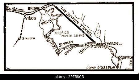 An 1892 map depicting the planned Simplon Tunnel (AKA Simplontunnel, Traforo del Sempione or Galleria del Sempione, built by Brandt & Brandau, Stock Photo